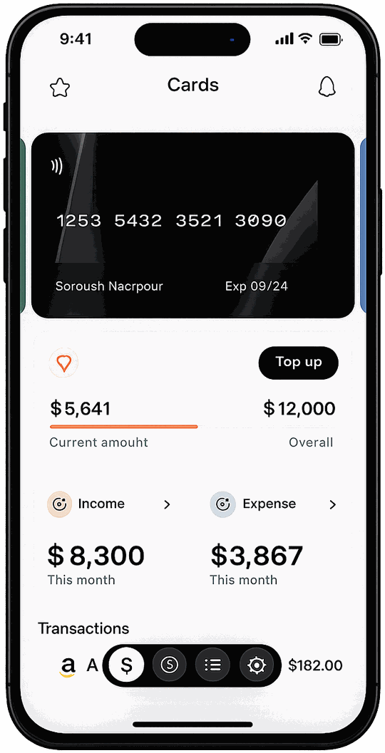 Mobile banking app card screen showing a payment card, top-up progress, and monthly income and expense totals