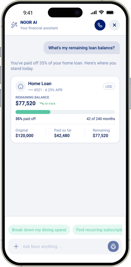 NOOR AI assistant on a mobile banking app, showing a home-loan balance breakdown